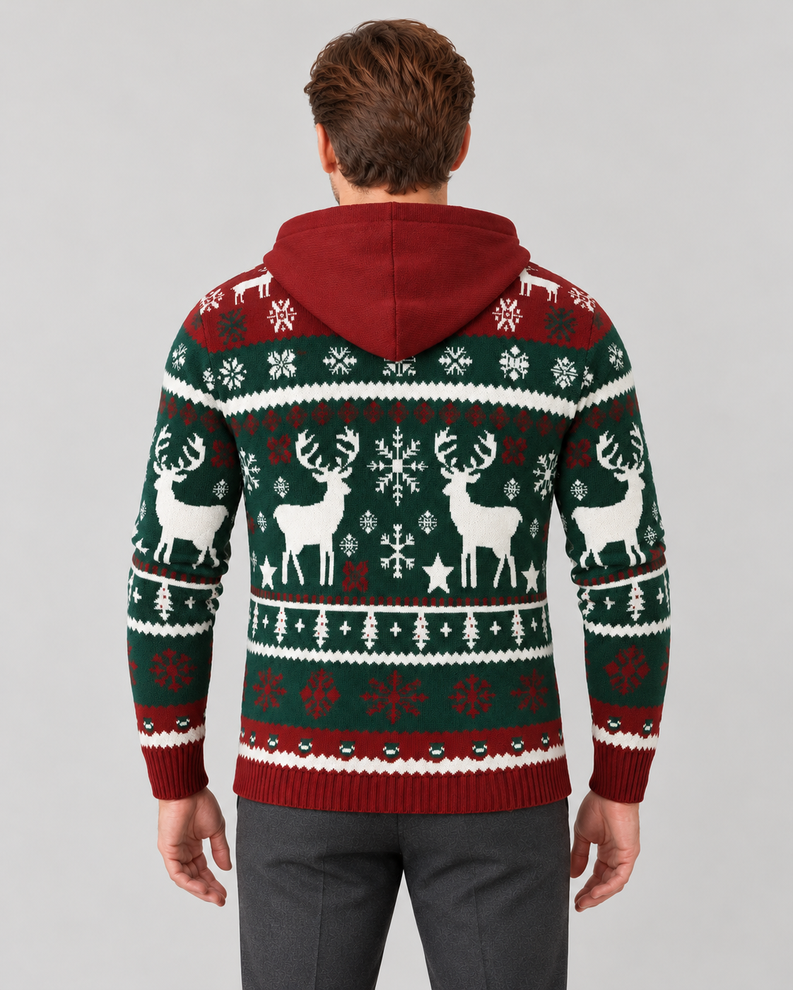 Pull de noël homme jacquard renne avec capuche, maille douce motif Fair Isle