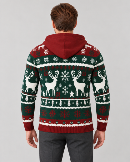 Pull de noël homme jacquard renne avec capuche, maille douce motif Fair Isle