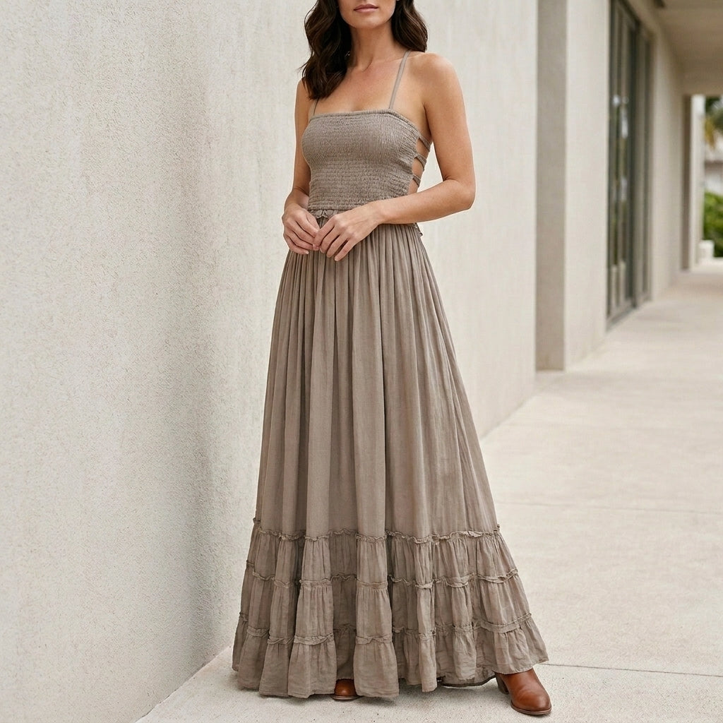 Robe Maxi | Dos Ouvert, Smocké | Style Bohème Estival