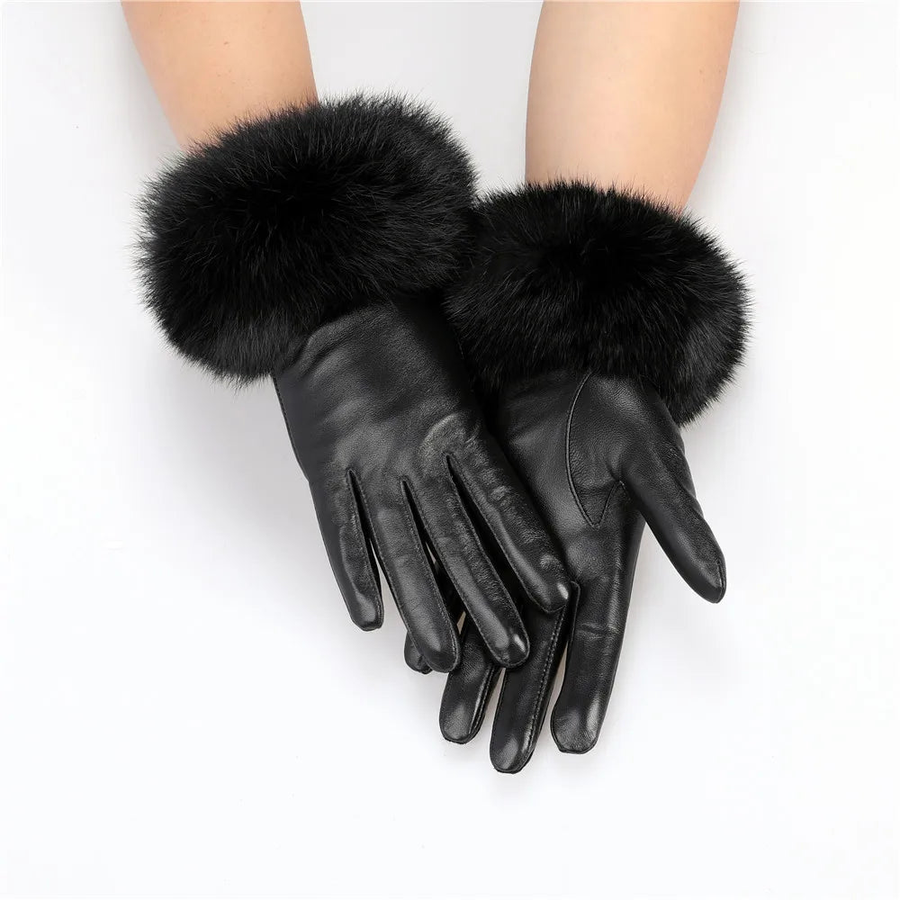 Gants cuir agneau femme doublure polaire avec poignets fourrure lapin