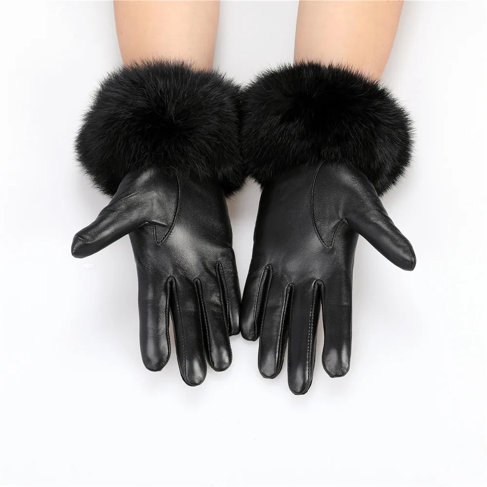 Gants cuir agneau femme doublure polaire avec poignets fourrure lapin