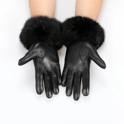 Gants cuir agneau femme doublure polaire avec poignets fourrure lapin