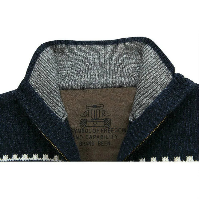 Pull homme col zippé jacquard norvégien en maille épaisse