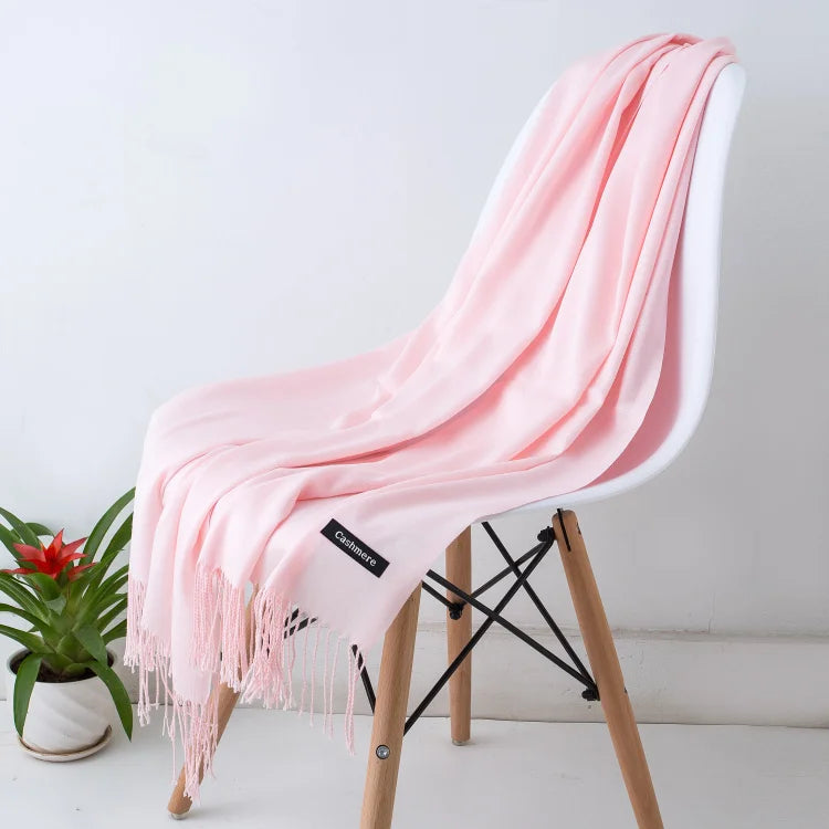 Écharpe femme cachemire à franges grande taille 70x200 cm motif uni