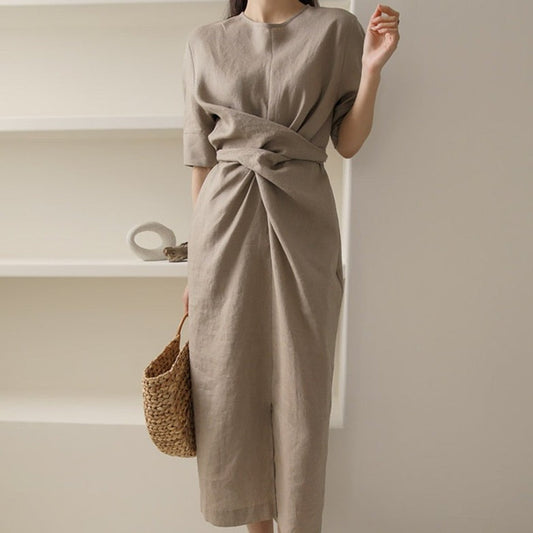Robe midi lin kaki - Soirée - Minimaliste - Chic - Élégante