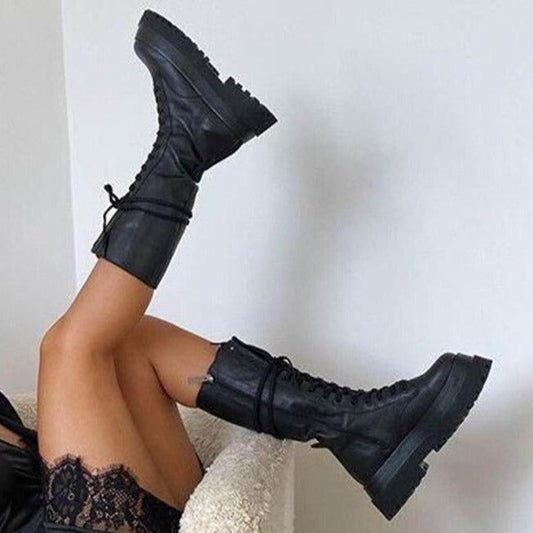 Botte Haute Femme Noire Lacets Semelle Track-Chaussures-PARIS FEMME