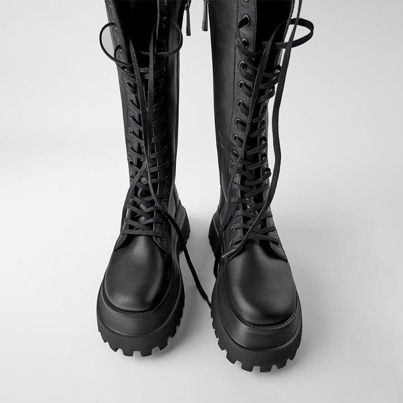 Botte Haute Femme Noire Lacets Semelle Track-Chaussures-PARIS FEMME