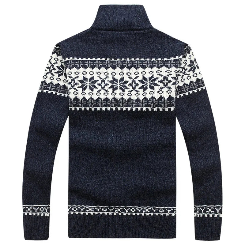Pull homme col zippé jacquard norvégien en maille épaisse