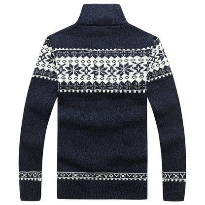Pull homme col zippé jacquard norvégien en maille épaisse