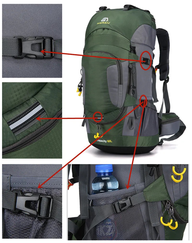 Sac à dos de voyage 60L | Étanche, spacieux | Pour la randonnée et les activités en plein air