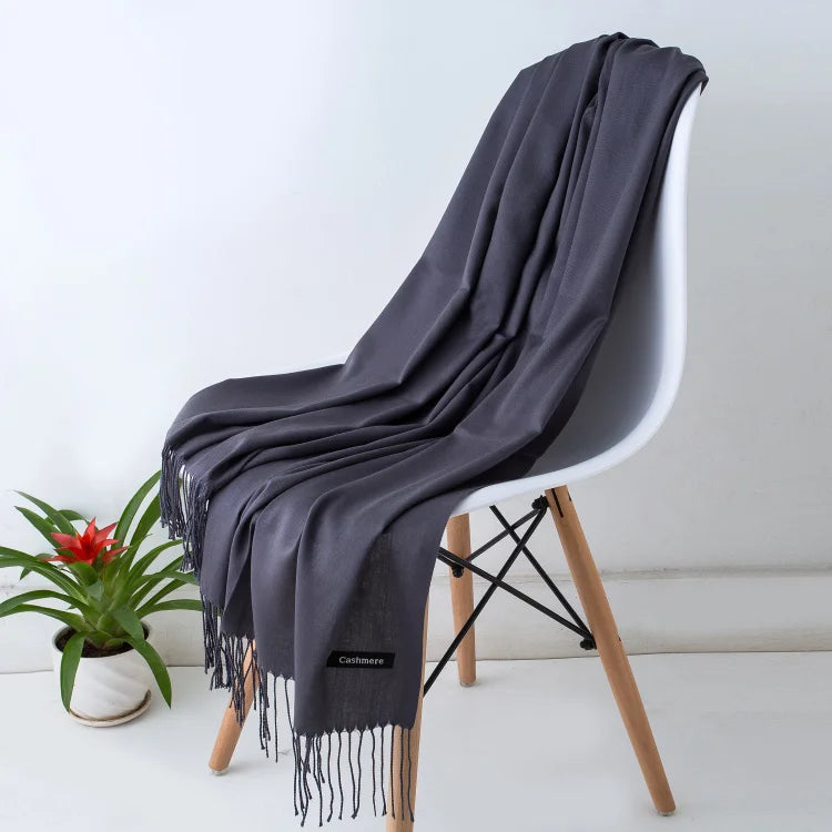 Écharpe femme cachemire à franges grande taille 70x200 cm motif uni