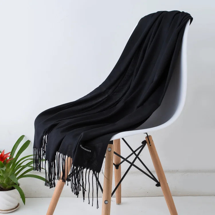 Écharpe femme cachemire à franges grande taille 70x200 cm motif uni