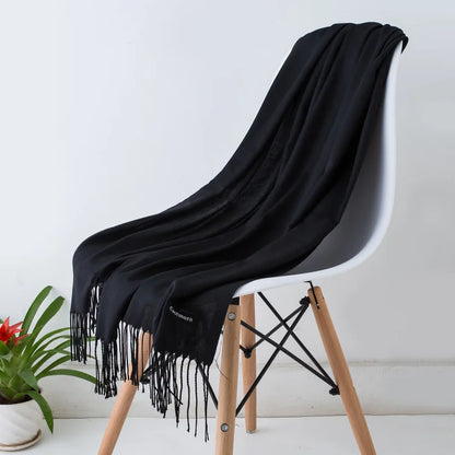 Écharpe femme cachemire à franges grande taille 70x200 cm motif uni