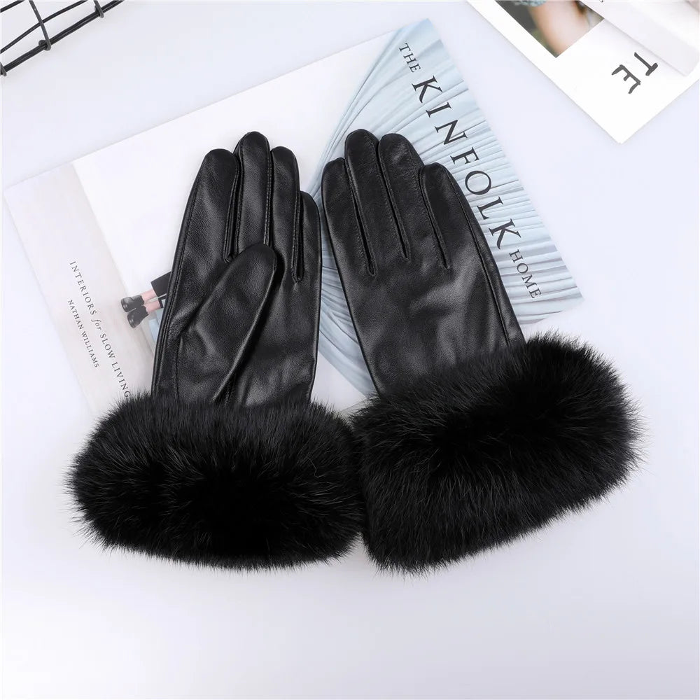 Gants cuir agneau femme doublure polaire avec poignets fourrure lapin
