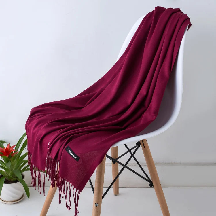 Écharpe femme cachemire à franges grande taille 70x200 cm motif uni