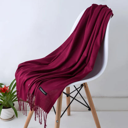 Écharpe femme cachemire à franges grande taille 70x200 cm motif uni