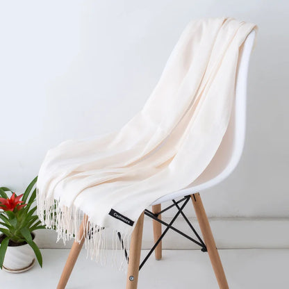 Écharpe femme cachemire à franges grande taille 70x200 cm motif uni