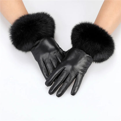 Gants cuir agneau femme doublure polaire avec poignets fourrure lapin