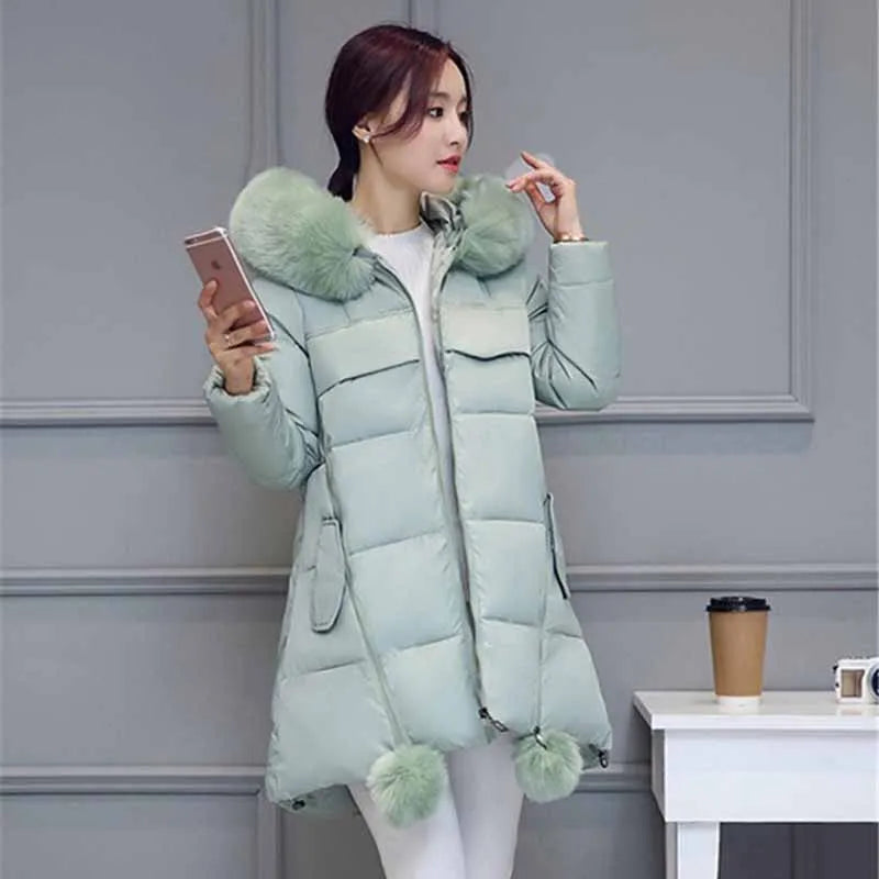 Doudoune longue femme capuche fourrure, coton rembourré hiver