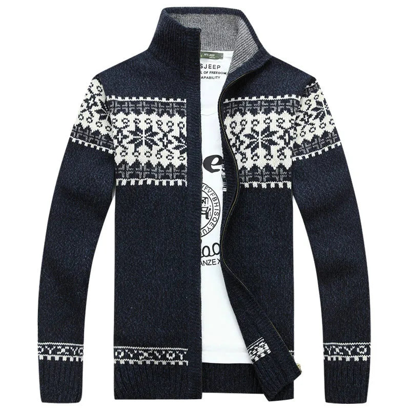 Pull homme col zippé jacquard norvégien en maille épaisse