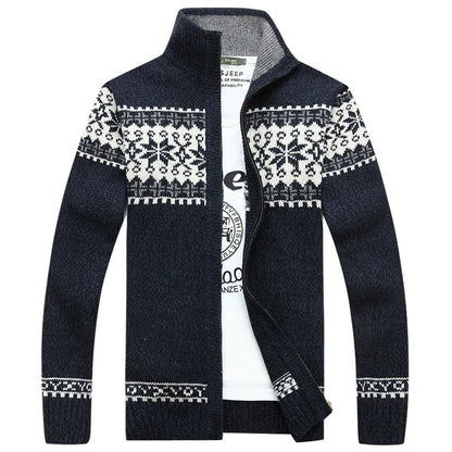 Pull homme col zippé jacquard norvégien en maille épaisse
