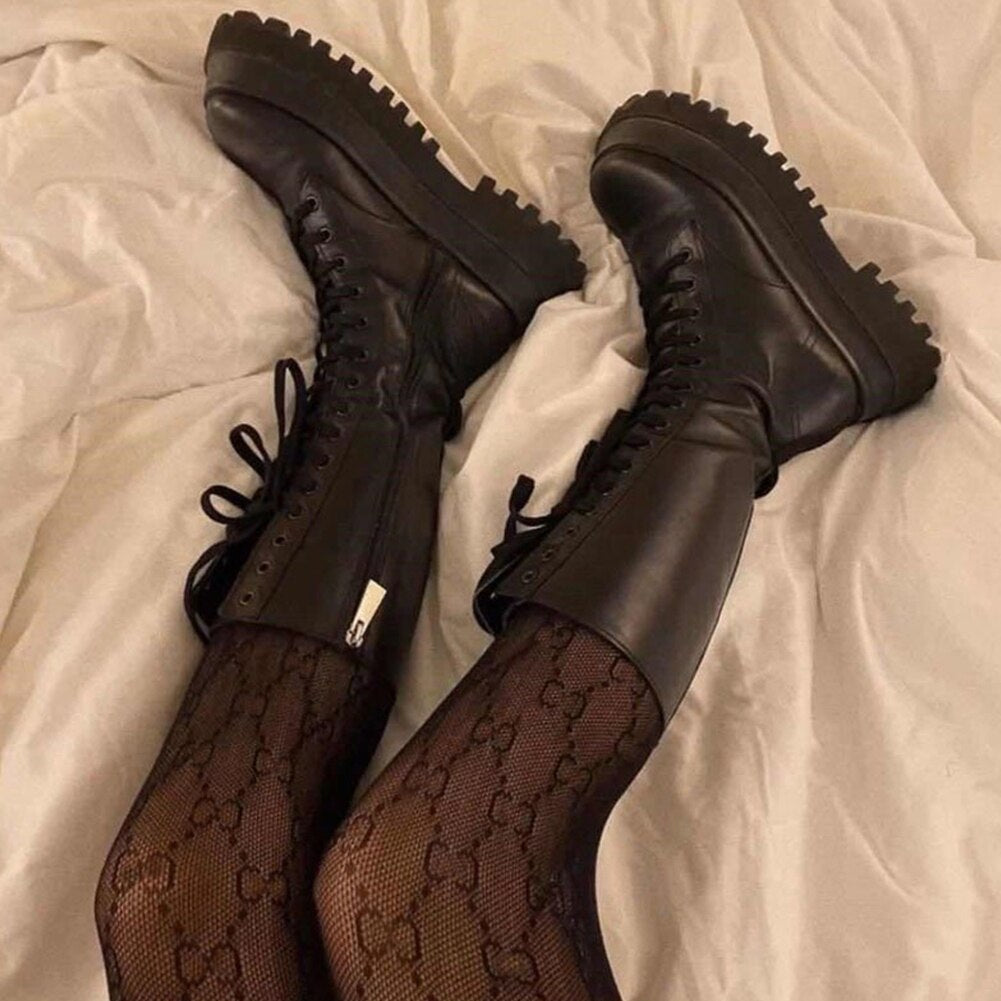 Botte Haute Femme Noire Lacets Semelle Track-Chaussures-PARIS FEMME