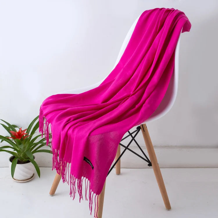 Écharpe femme cachemire à franges grande taille 70x200 cm motif uni