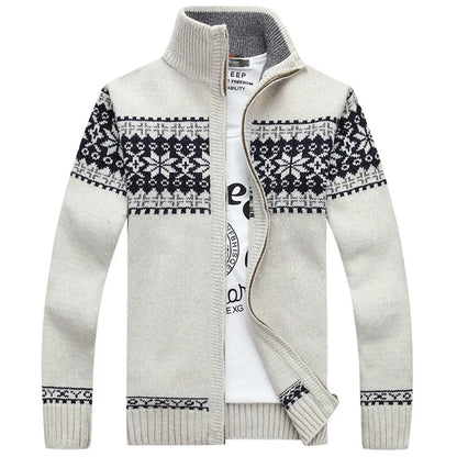 Pull homme col zippé jacquard norvégien en maille épaisse
