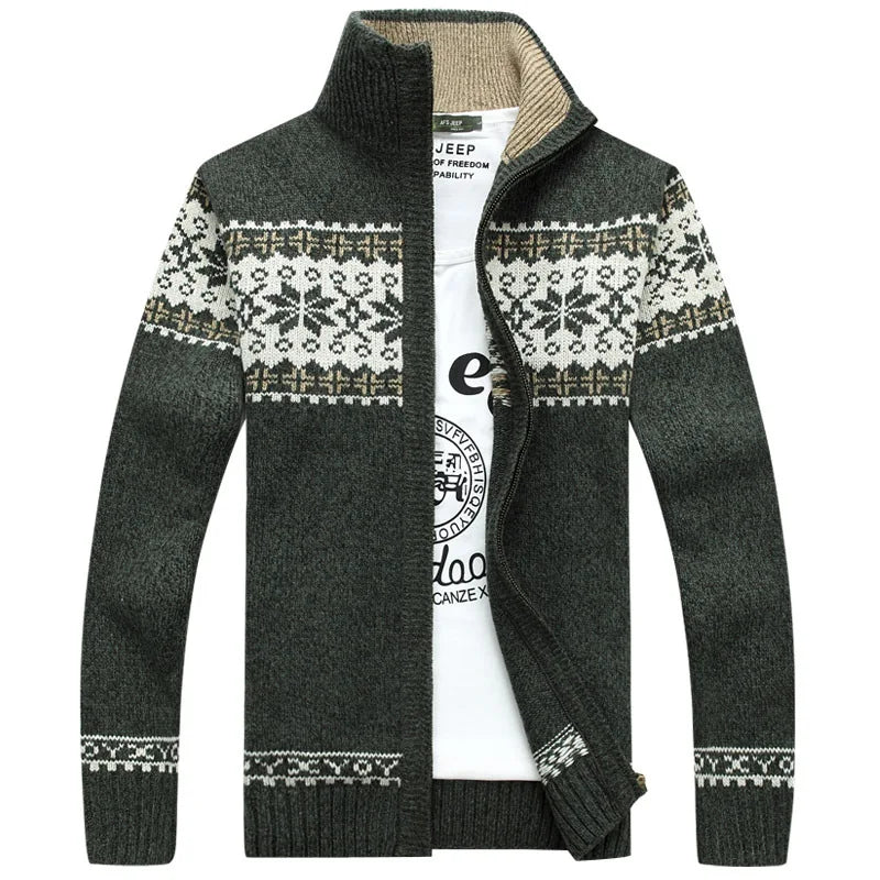 Pull homme col zippé jacquard norvégien en maille épaisse