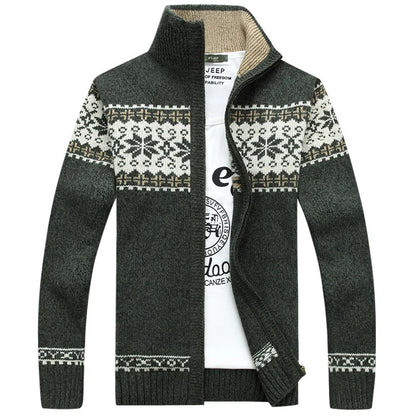 Pull homme col zippé jacquard norvégien en maille épaisse