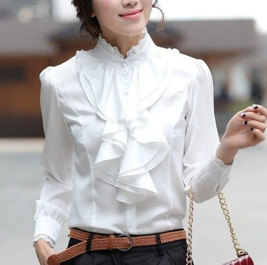 Dianne - Chemise Blanche Élégante - Col Jabot & Volants-T-Shirts pour Femmes-PARIS FEMME