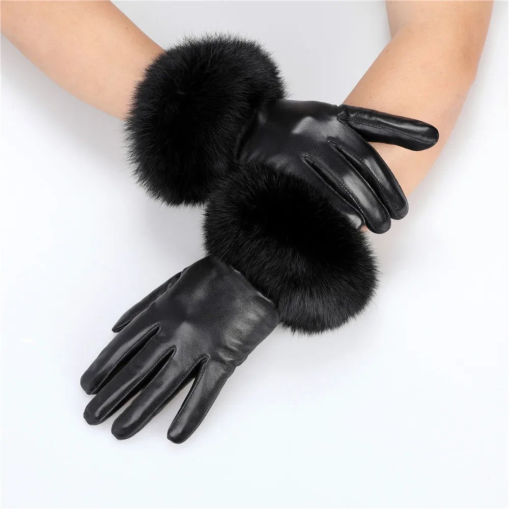 Gants cuir agneau femme doublure polaire avec poignets fourrure lapin