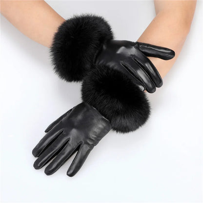 Gants cuir agneau femme doublure polaire avec poignets fourrure lapin