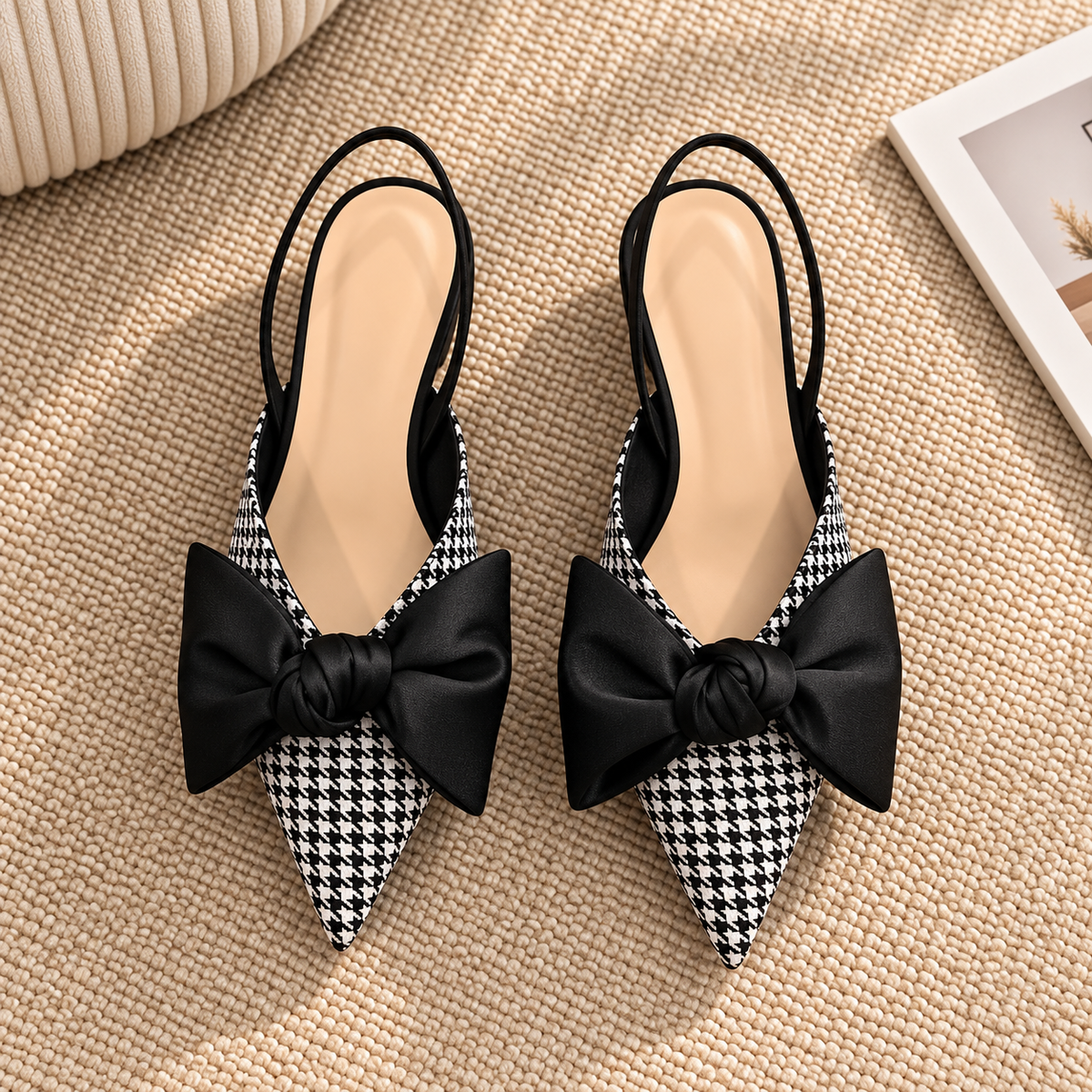 Dámské lodičky | slingback s mašlí a špičatou špičkou | elegantní blokový podpatek
