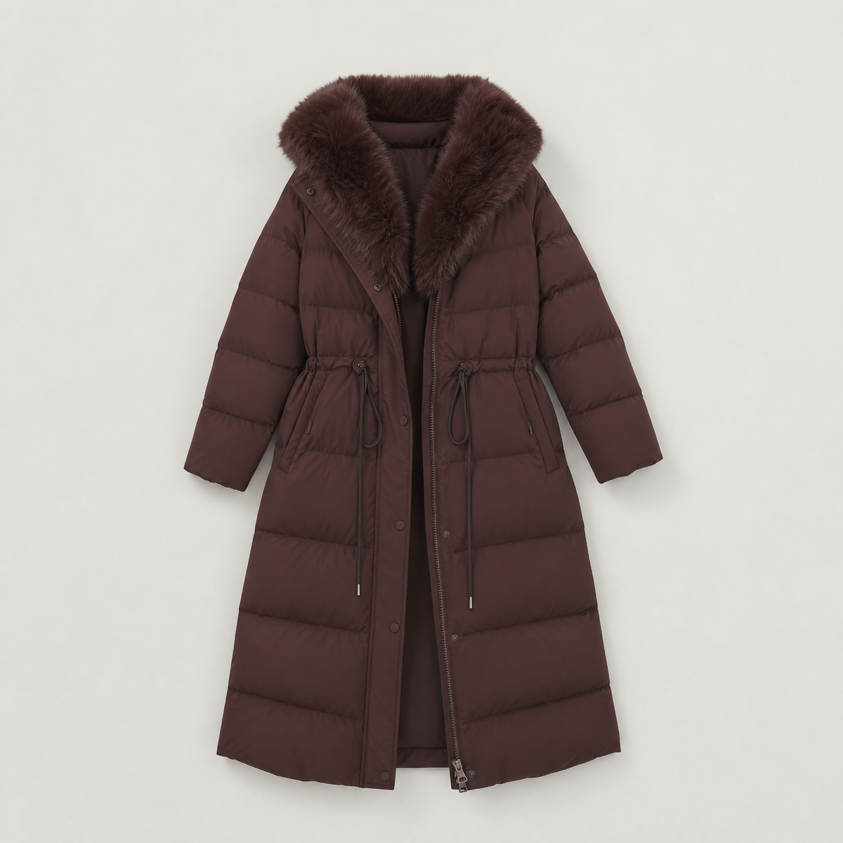 Doudoune longue femme capuche fourrure ceinture, matelassée marron