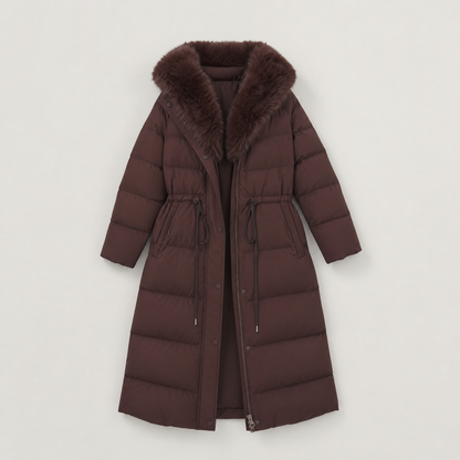 Doudoune longue femme capuche fourrure ceinture, matelassée marron