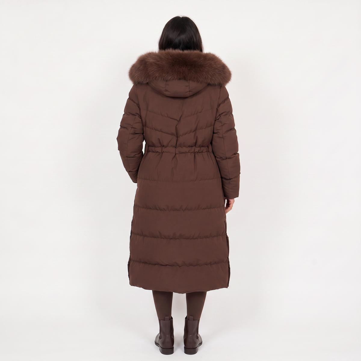 Doudoune longue femme capuche fourrure ceinture, matelassée marron
