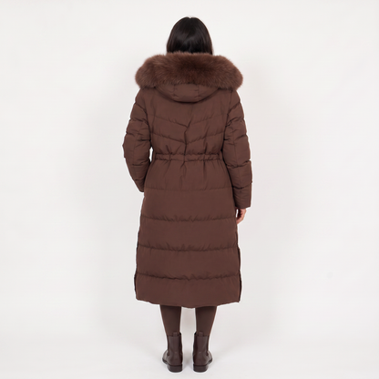 Doudoune longue femme capuche fourrure ceinture, matelassée marron