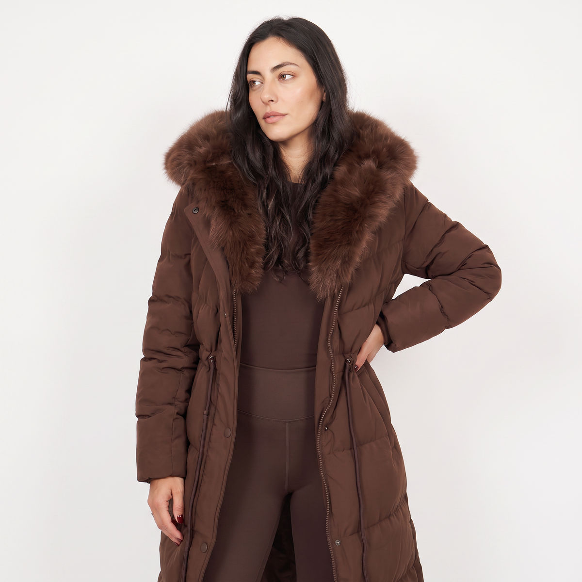 Doudoune longue femme capuche fourrure ceinture, matelassée marron