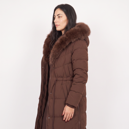 Doudoune longue femme capuche fourrure ceinture, matelassée marron