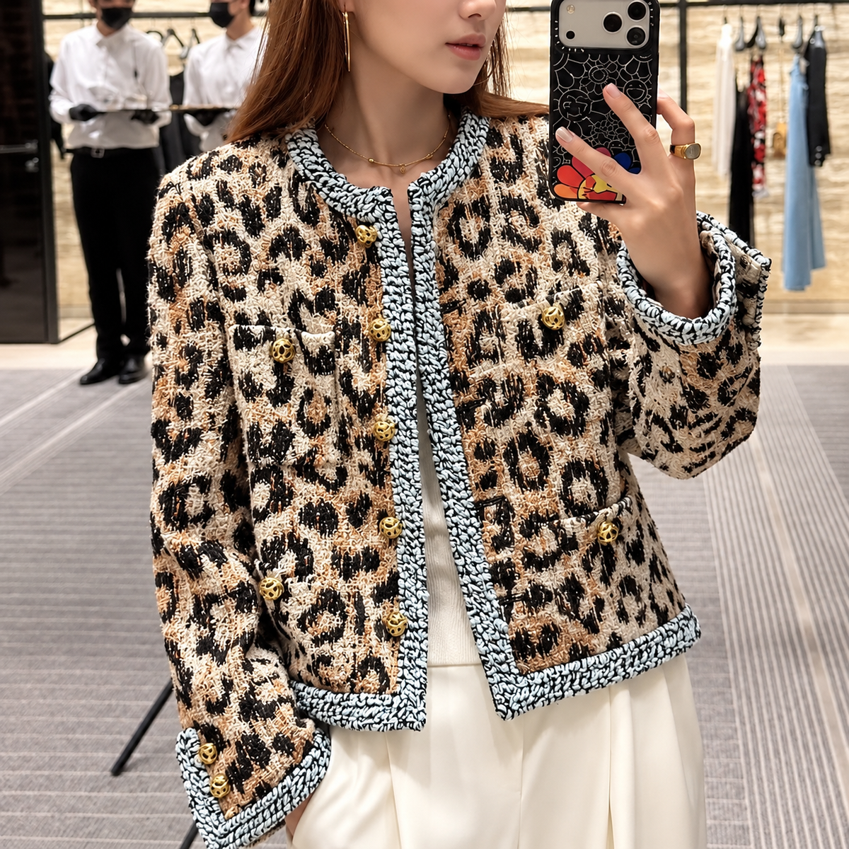 Veste Femme | Imprimé Léopard, Col Rond | Boutons Décoratifs, Chic