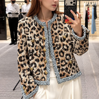 Veste Femme | Imprimé Léopard, Col Rond | Boutons Décoratifs, Chic