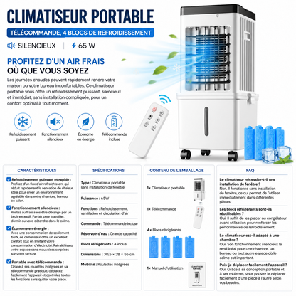 Tragbare Klimaanlage | Fernbedienung, 4 Kühlblöcke | Leise, 65 W