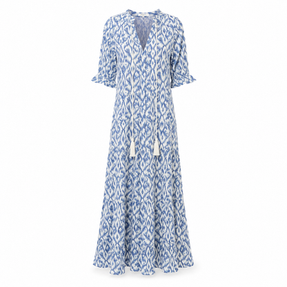 Langes Damenkleid | Boho-Print, V-Ausschnitt | Fließendes Sommerkleid