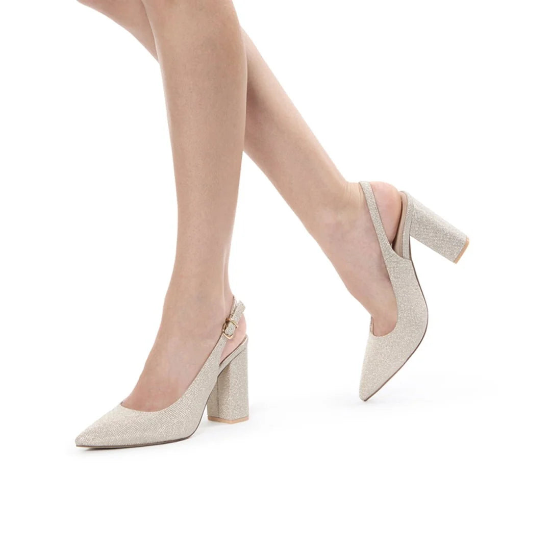 Escarpins slingback talon bloc paillettes champagne femme bout pointu