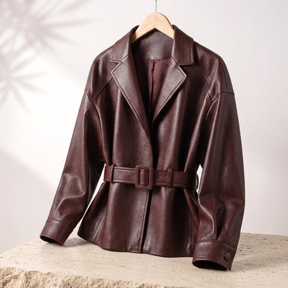 Veste femme simili cuir cintrée avec col en mouton