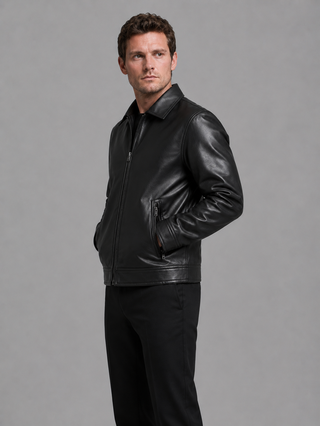 Veste homme simili cuir slim fit noire col classique zippée