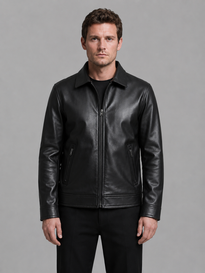 Veste homme simili cuir slim fit noire col classique zippée