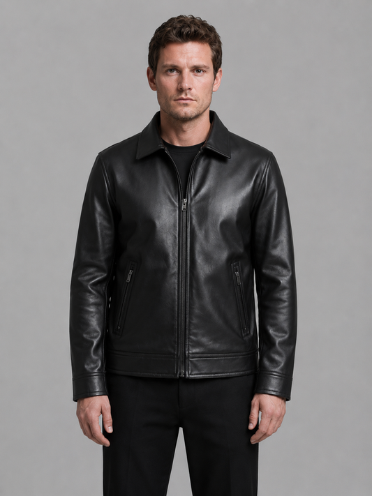 Veste homme simili cuir slim fit noire col classique zippée