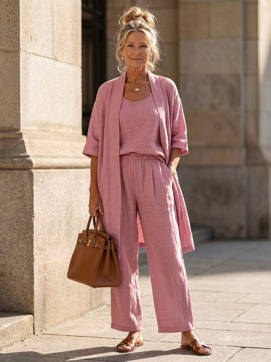 Ensembles Lin Femme | Trois Pièces avec Cardigan et Pantalon Large